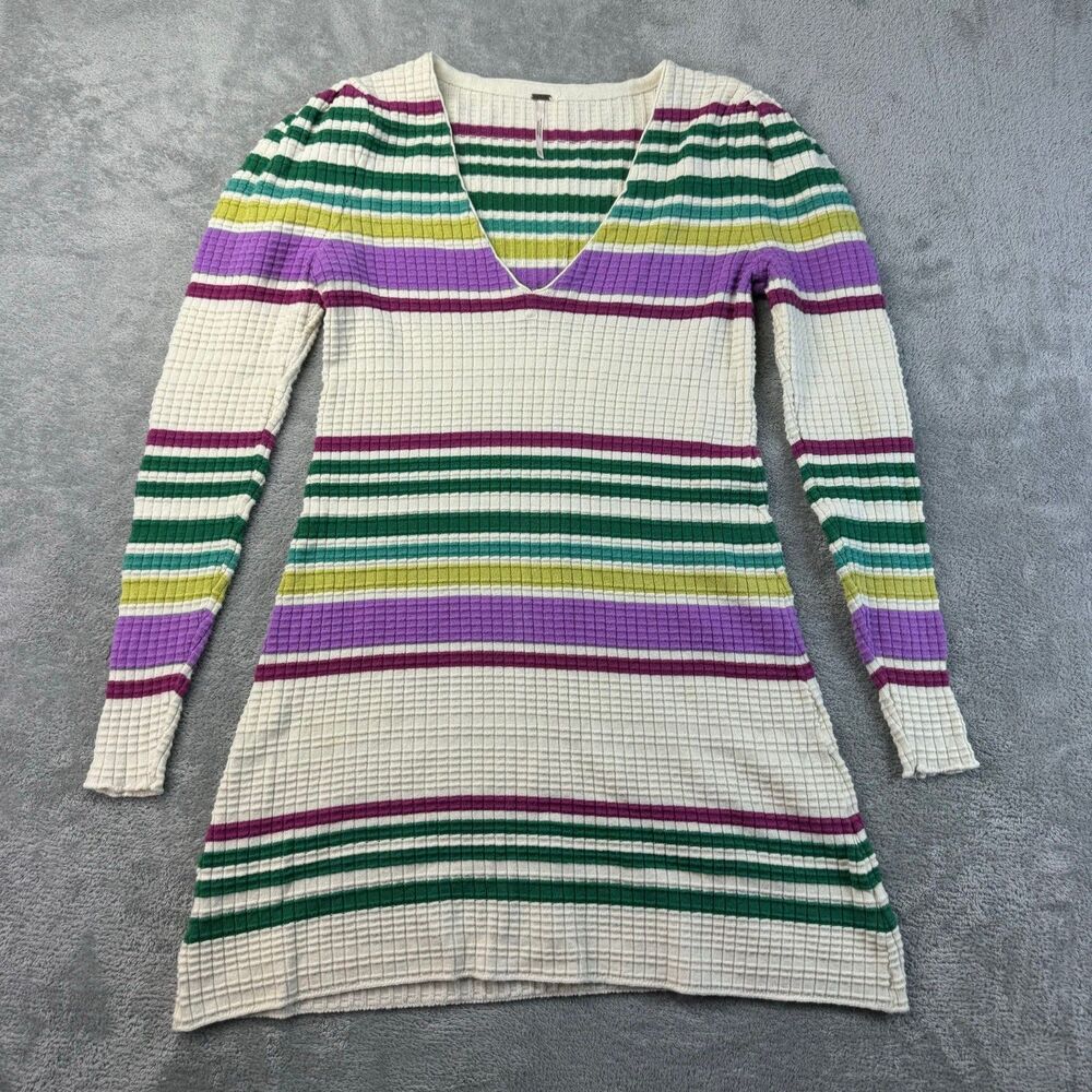Free People Sweater Dress Women's Extra Small Multi Striped Ribbed Cotton Blend